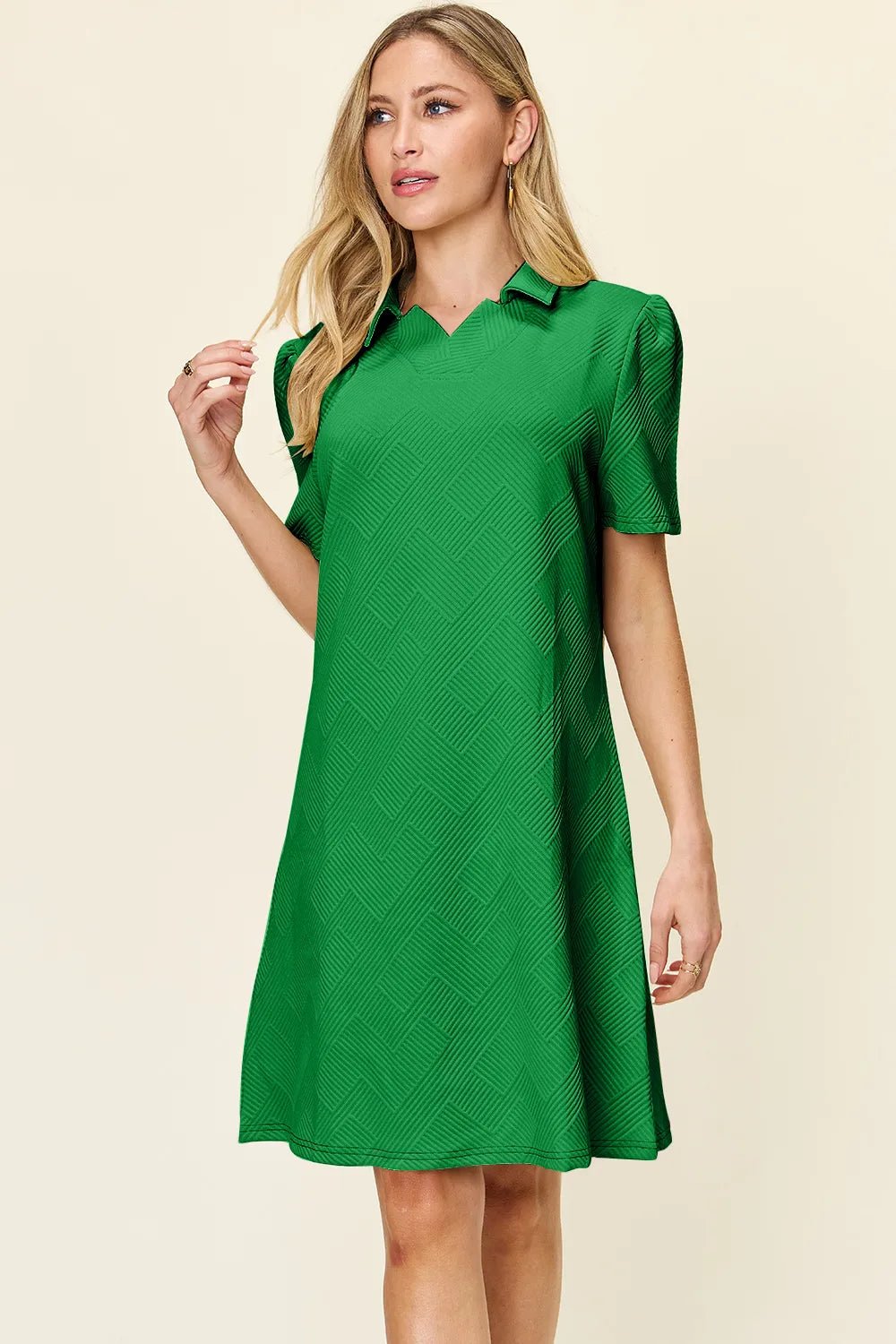 Double Take Full Size Texture Collared Neck Short Sleeve Dress d8987454-b2e5-4ea0-84bb-6050aaf35a99-Max