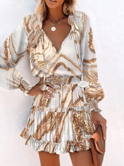 Flowers Print Long Sleeve Dress Fashion Patchwork Puff Sleeve Waist Dresses Womens Clothing