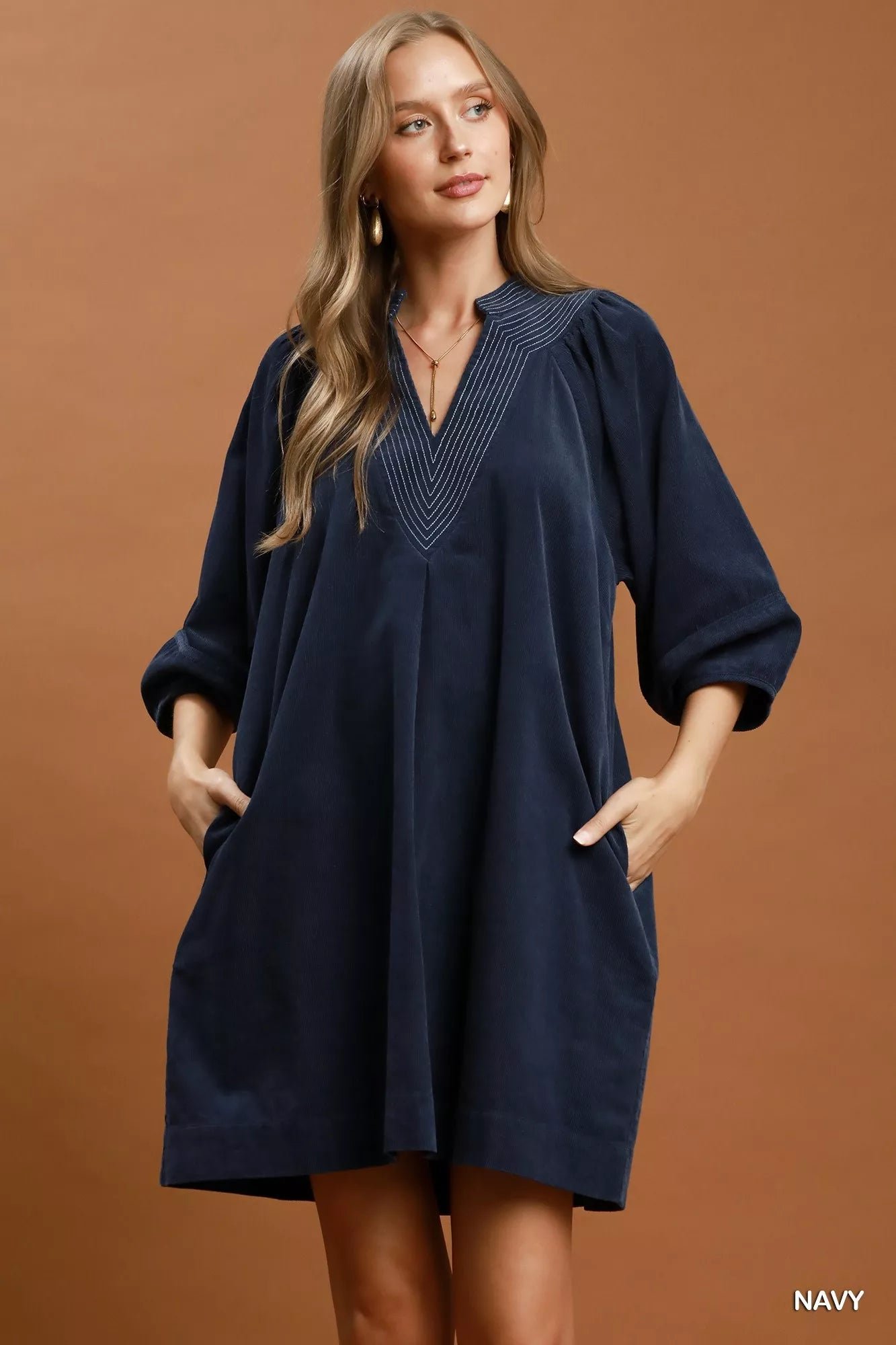 Umgee Corduroy V-Neck Puff Sleeve Shift Dress with Pockets db07c119-c29e-47ac-b0cc-9a8dc0ddca30-Max-Origin