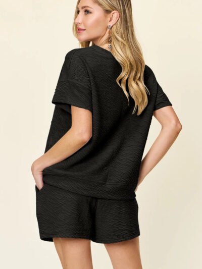 Double Take Full Size Texture Short Sleeve T-Shirt and Drawstring Shorts Set dcfc37b9-27fe-4dd3-b8ff-30615e6947cc-Max