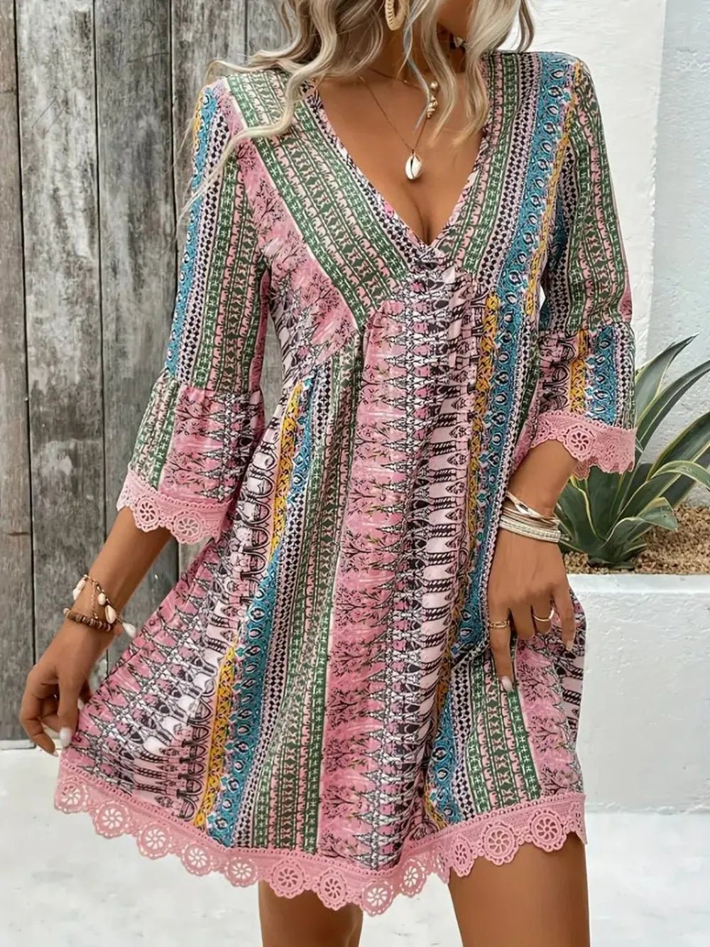 Lace Trim Printed V-Neck 3/4 Sleeve Dress e040f131-3829-4d13-a42f-61f59f737163-Max