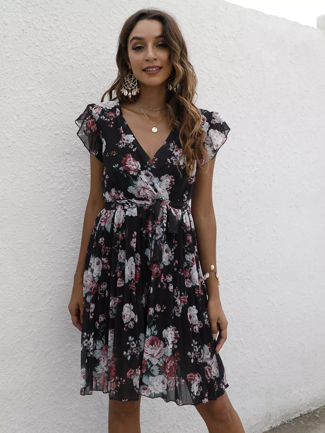 Pleated Floral Print Ruffle Sleeve Dress e1d63c85a6e94f1e9fd9657b0df1385d-Max-Origin