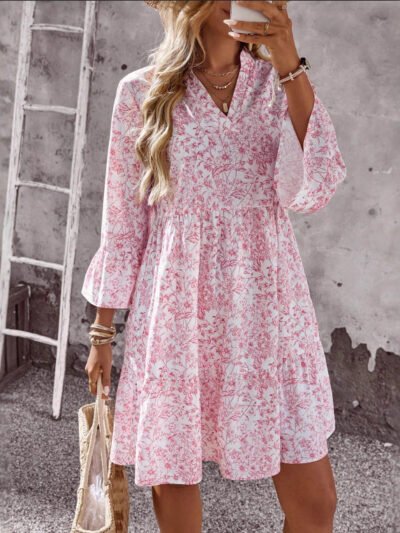 Loose V-neck Ruffle Floral Dress For Women Loose V-neck Ruffle Floral Dress For Women