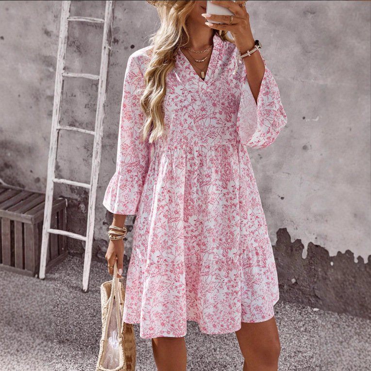 Loose V-neck Ruffle Floral Dress For Women Loose V-neck Ruffle Floral Dress For Women - Image 3