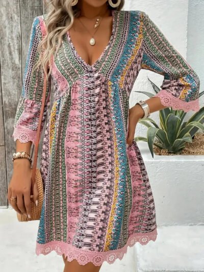 Lace Trim Printed V-Neck 3/4 Sleeve Dress e3a7ef7e-97c6-4a9d-9cc7-f623b4bf8781-Max