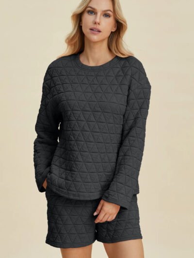 Double Take Full Size Texture Round Neck Long Sleeve Top and Shorts Set e3f90494-f840-4470-8e86-78b522e5be3c-Max