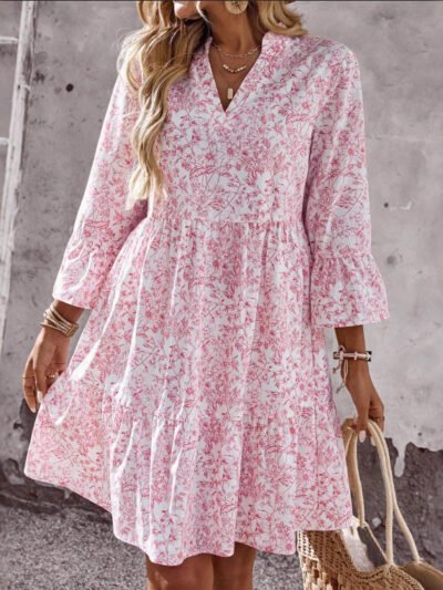 Loose V-neck Ruffle Floral Dress For Women
