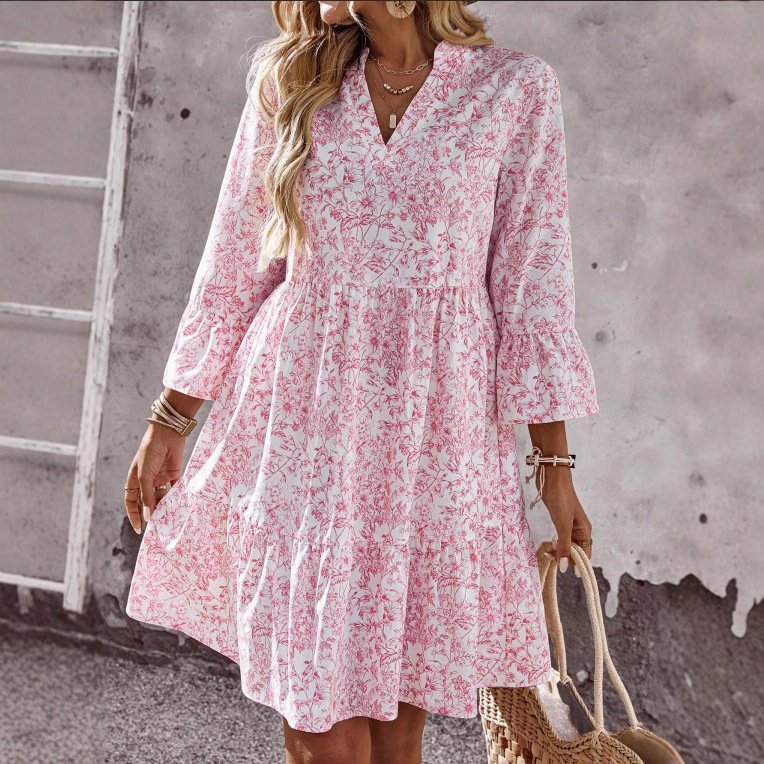 Loose V-neck Ruffle Floral Dress For Women Loose V-neck Ruffle Floral Dress For Women
