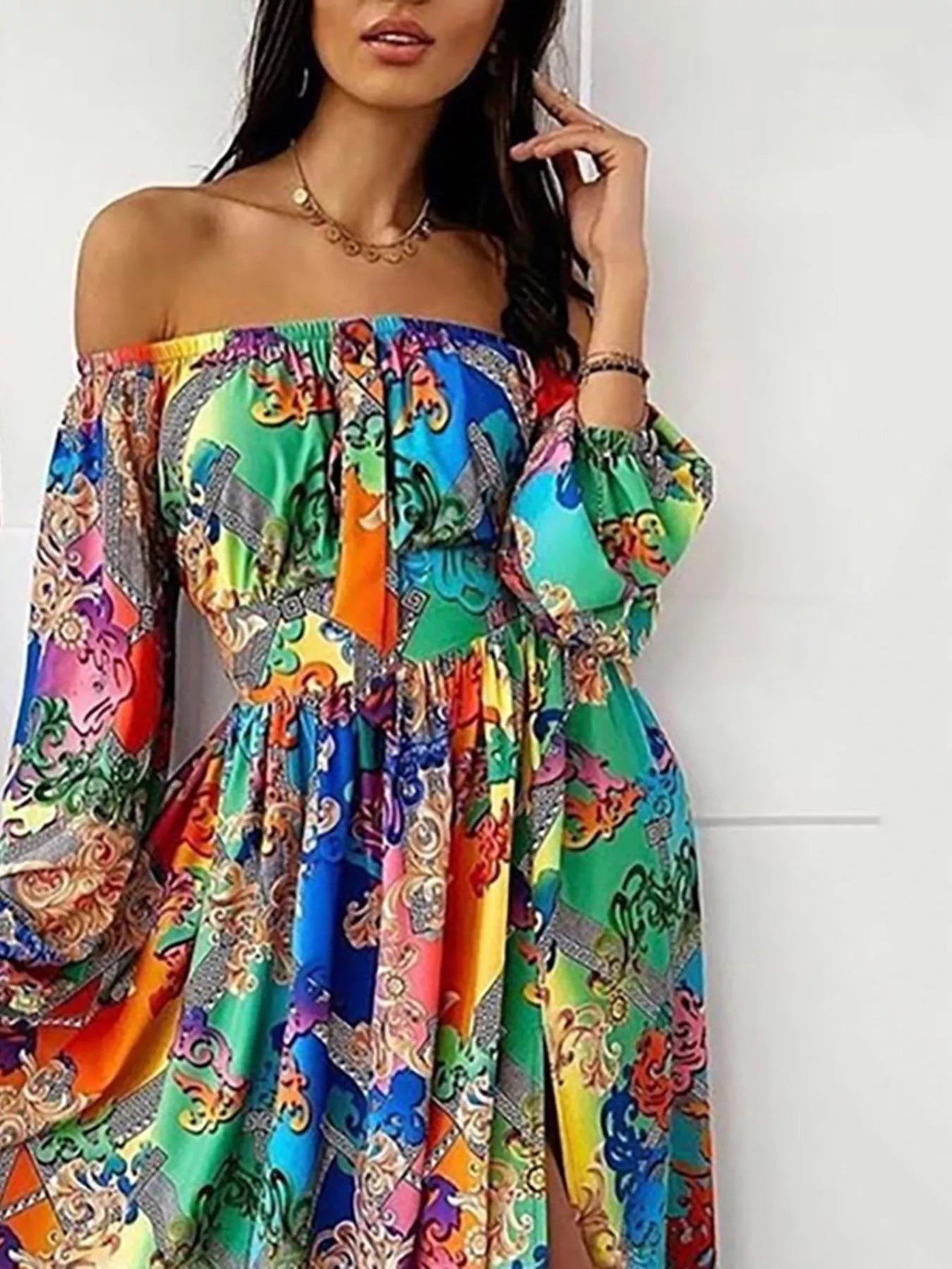 Slit Printed Off Shoulder Maxi Dress 11547b2d3c934da0b7fd666034a892d1-Max-Origin