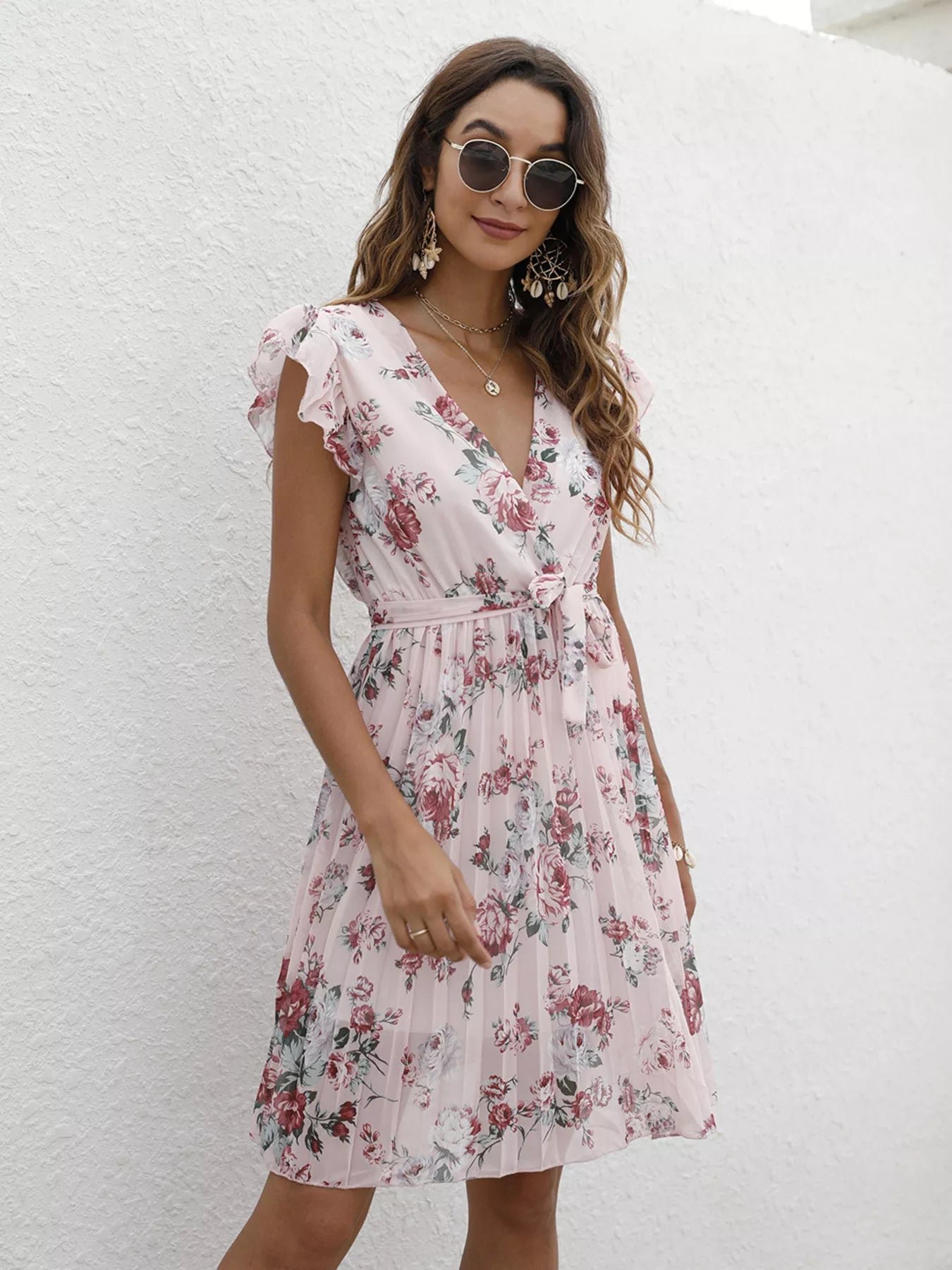 Pleated Floral Print Ruffle Sleeve Dress e7c7815d6c644fe28359940e26107d3a-Max-Origin