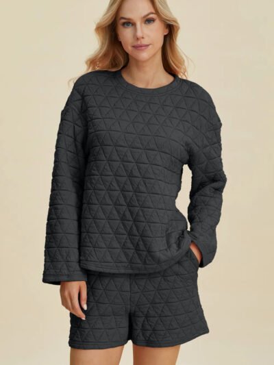 Double Take Full Size Texture Round Neck Long Sleeve Top and Shorts Set e8bf293b-b0d4-436b-9b1b-271d8aebb4a3-Max