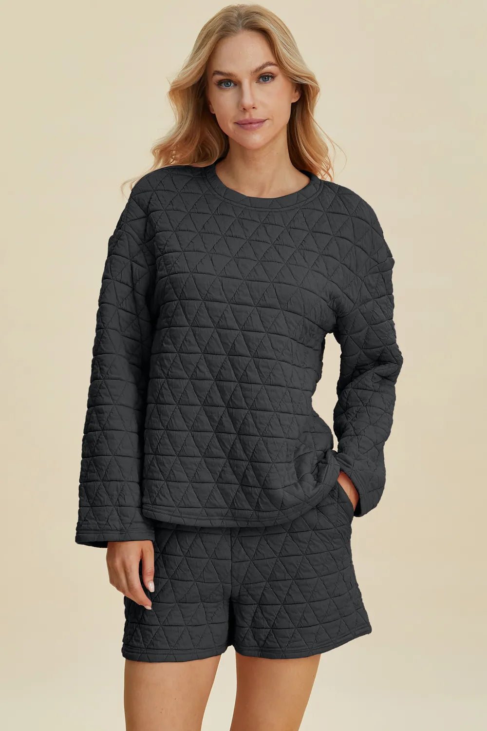Double Take Full Size Texture Round Neck Long Sleeve Top and Shorts Set e8bf293b-b0d4-436b-9b1b-271d8aebb4a3-Max