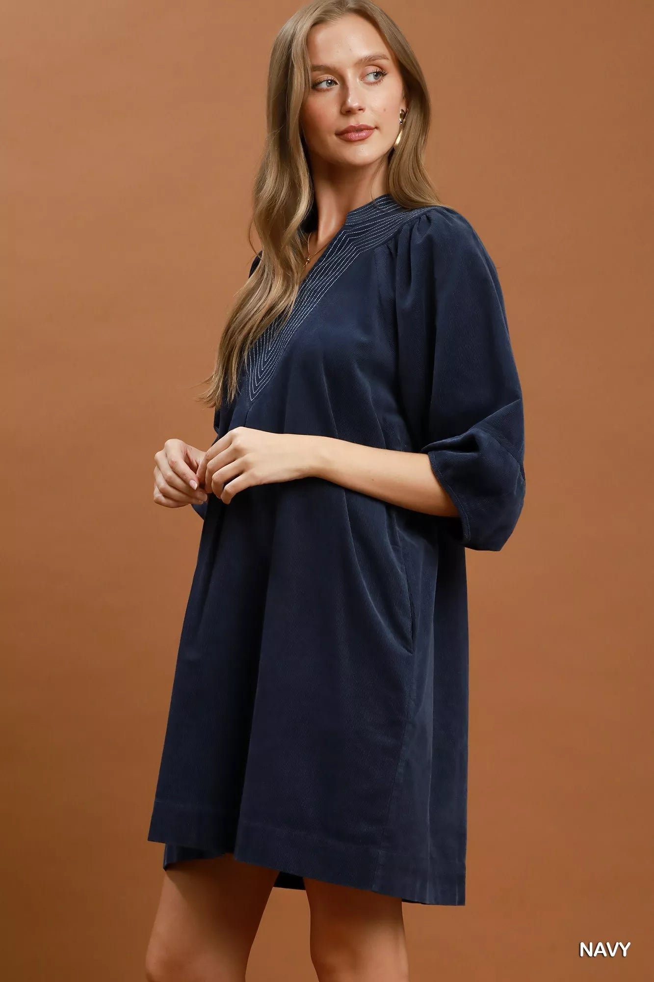 Umgee Corduroy V-Neck Puff Sleeve Shift Dress with Pockets f0110484-e7d1-45a5-8f39-2d4ba2263552-Max-Origin