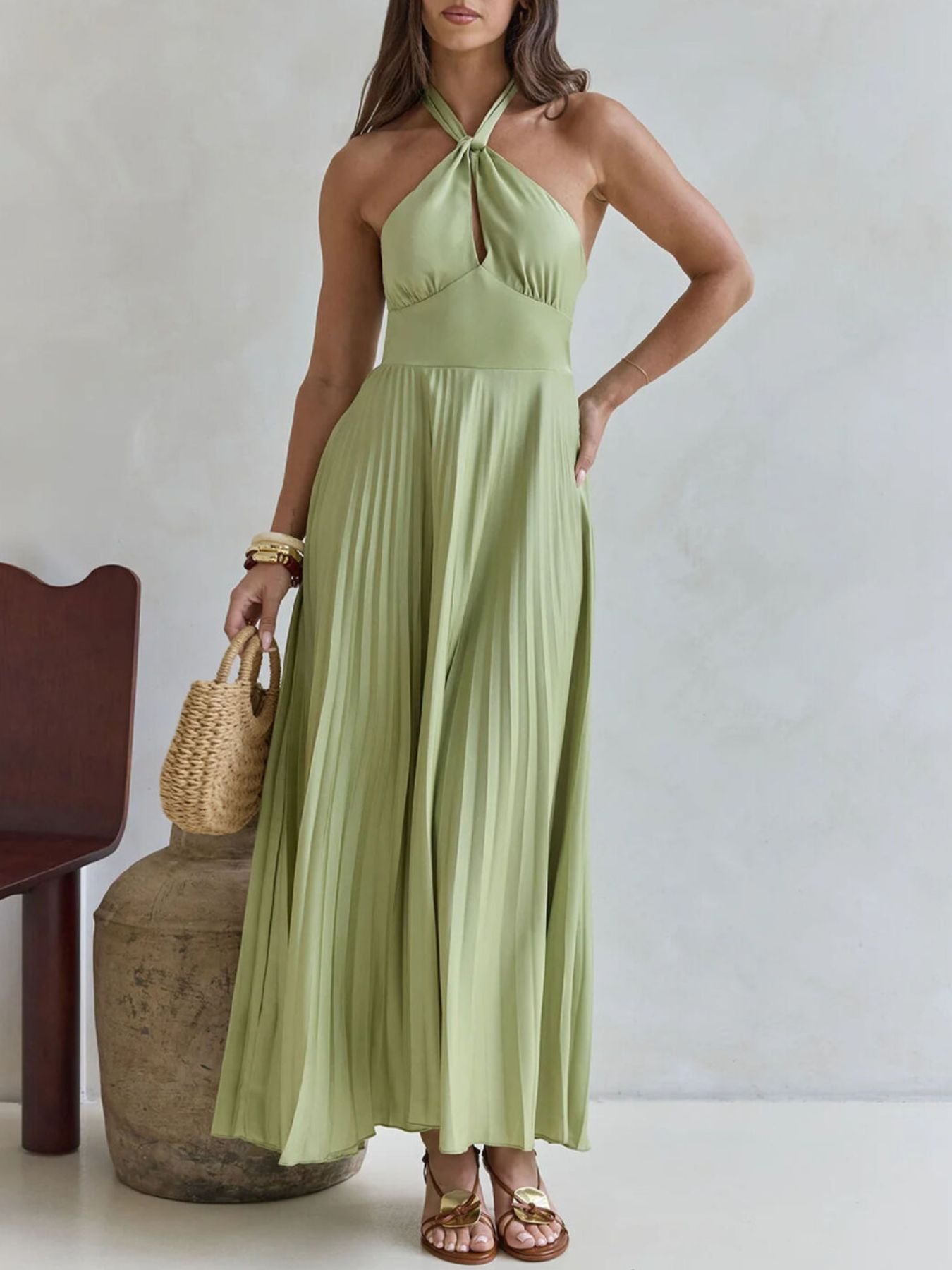 Halter Neck Pleated A-Line Dress f1f04008-807a-4996-8ca4-86ca0dbe5d8a-Max