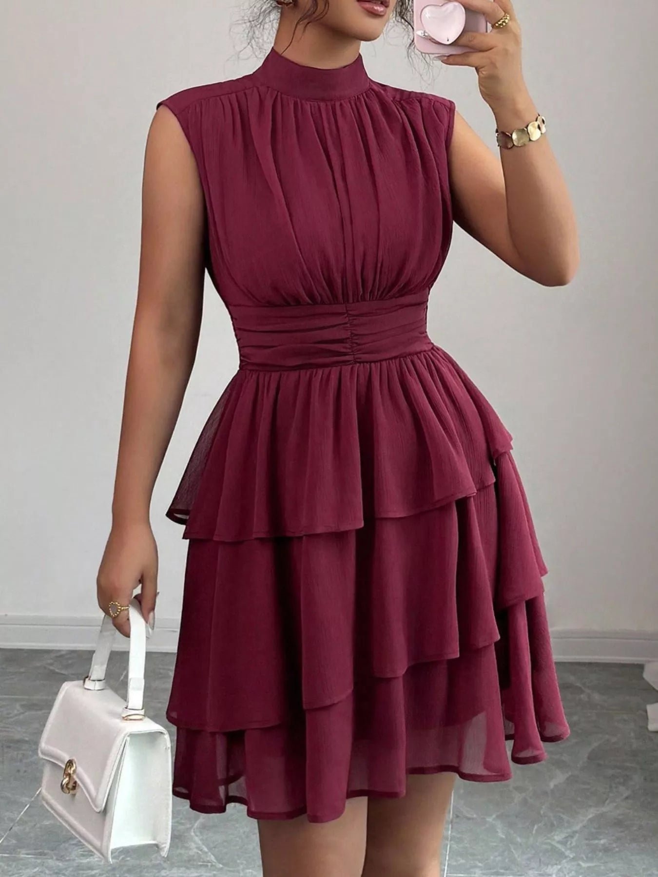 Sleeveless Mock Neck Layered Ruffle Dress f41ed84a-025a-47b8-b895-ca6996c82ea3-Max-Origin