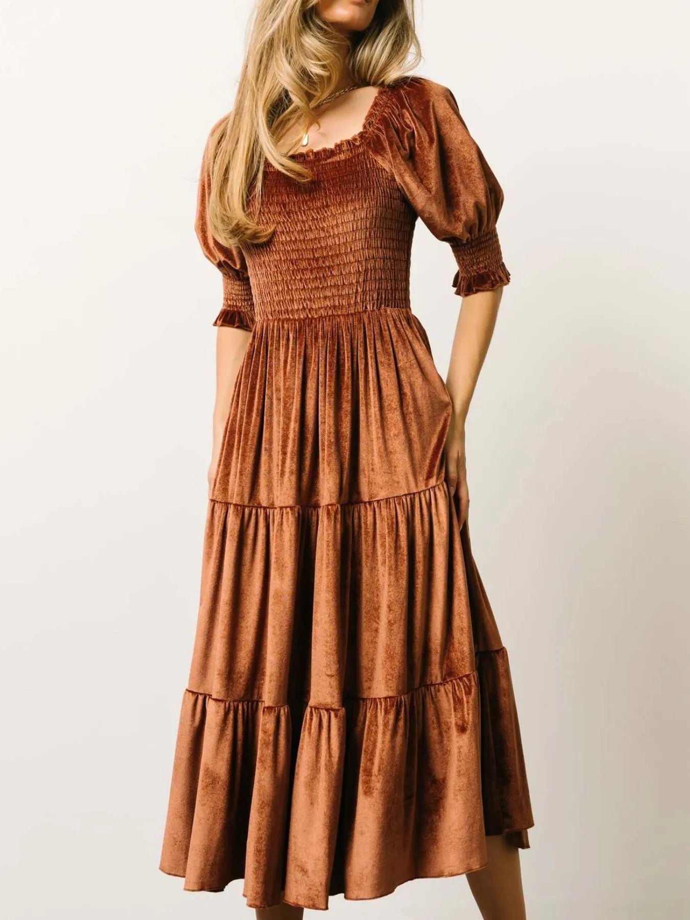 Smocked Half Sleeve Tiered Midi Dress f45dc667-d4de-4708-bdcd-10207c2da079-Max-Origin