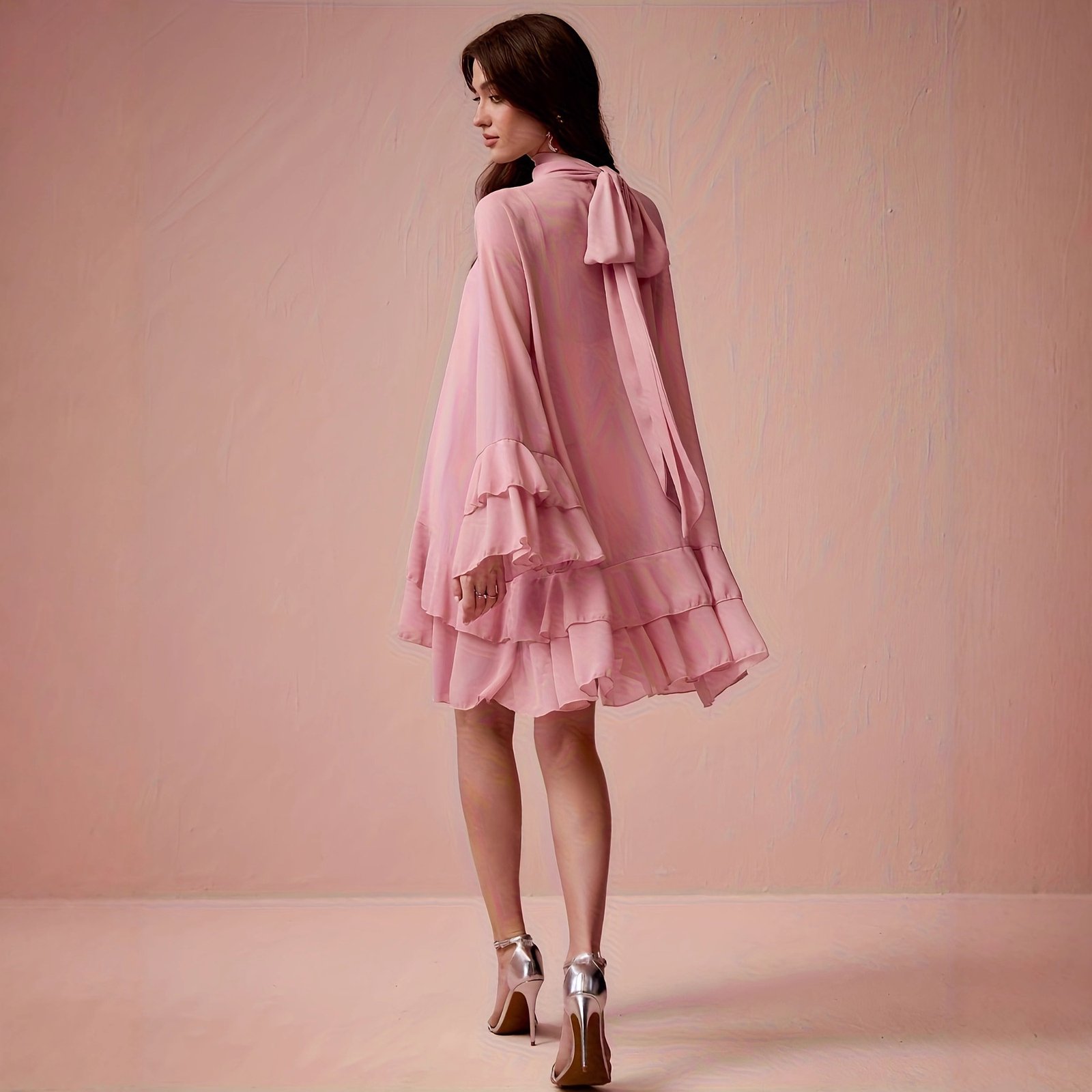 Chiffon Half-high Neck Dress With Flared Sleeves Chiffon Half-high Neck Dress With Flared Sleeves - Image 3