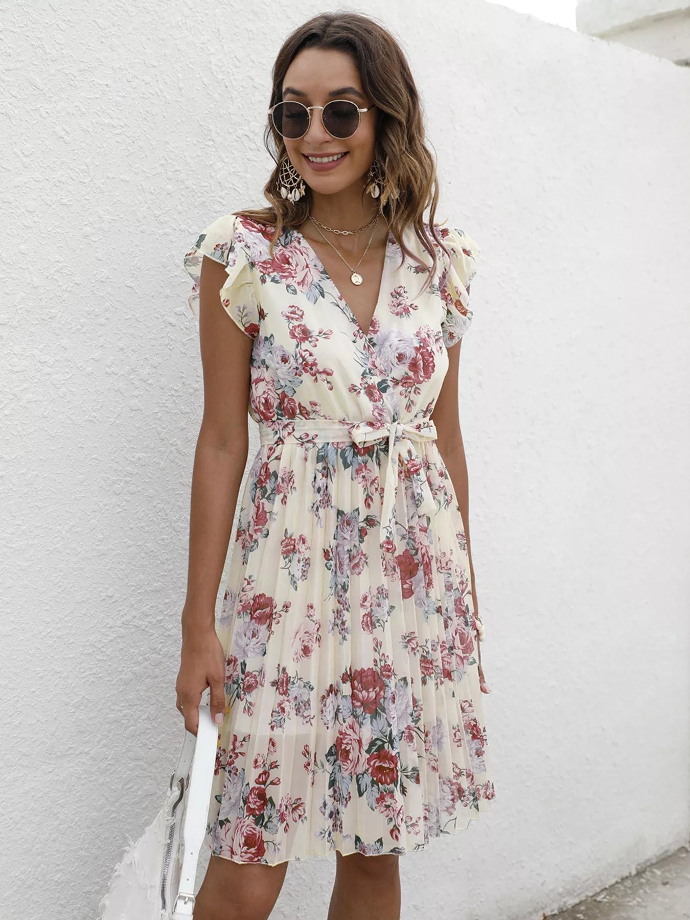 Pleated Floral Print Ruffle Sleeve Dress f4fe5a114cab465bb6a28462b08d2432-Max-Origin