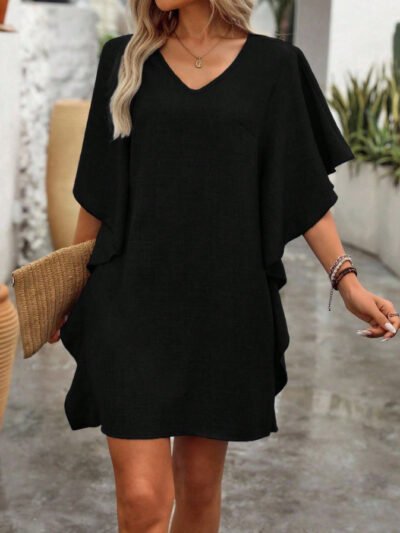 Solid-color Loose-fitting Flowing V-neck Dress With Ruffled Hem Solid-color Loose-fitting Flowing V-neck Dress With Ruffled Hem