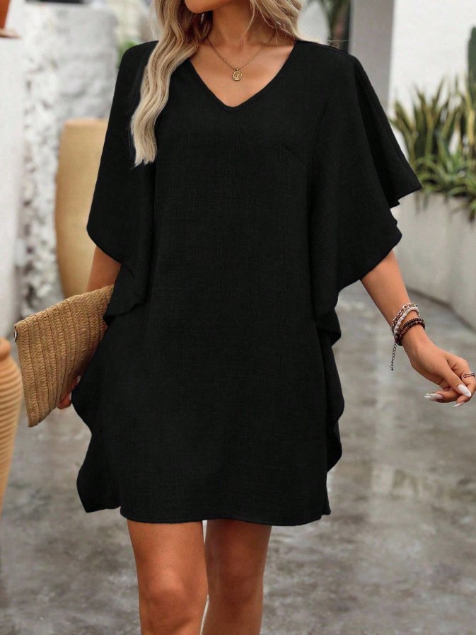 Solid-color Loose-fitting Flowing V-neck Dress With Ruffled Hem Solid-color Loose-fitting Flowing V-neck Dress With Ruffled Hem - Image 6