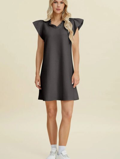 Double Take Full Size Ruffled V-Neck Cap Sleeve Dress f86c4567-358a-4074-ab85-2dd9ee13c91b-Max