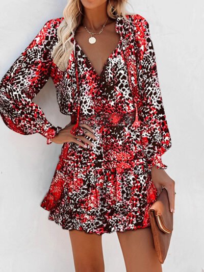 Flowers Print Long Sleeve Dress Fashion Patchwork Puff Sleeve Waist Dresses Womens Clothing