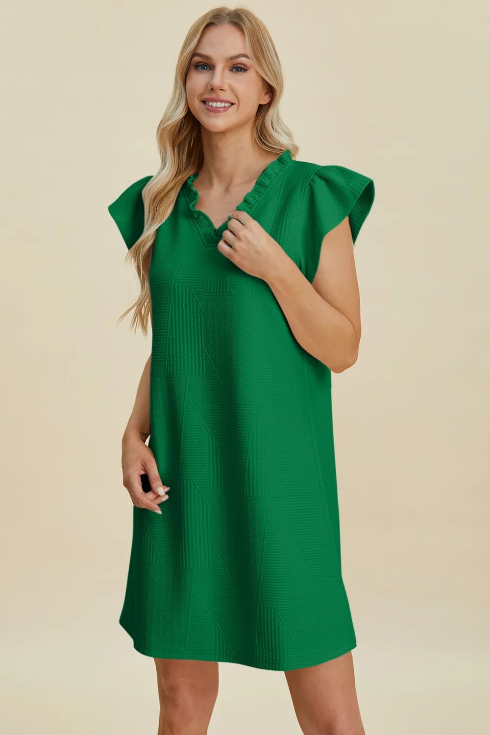 Double Take Full Size Ruffled V-Neck Cap Sleeve Dress fc6e60eb-f3af-4f64-9877-bebe46458c87-Max