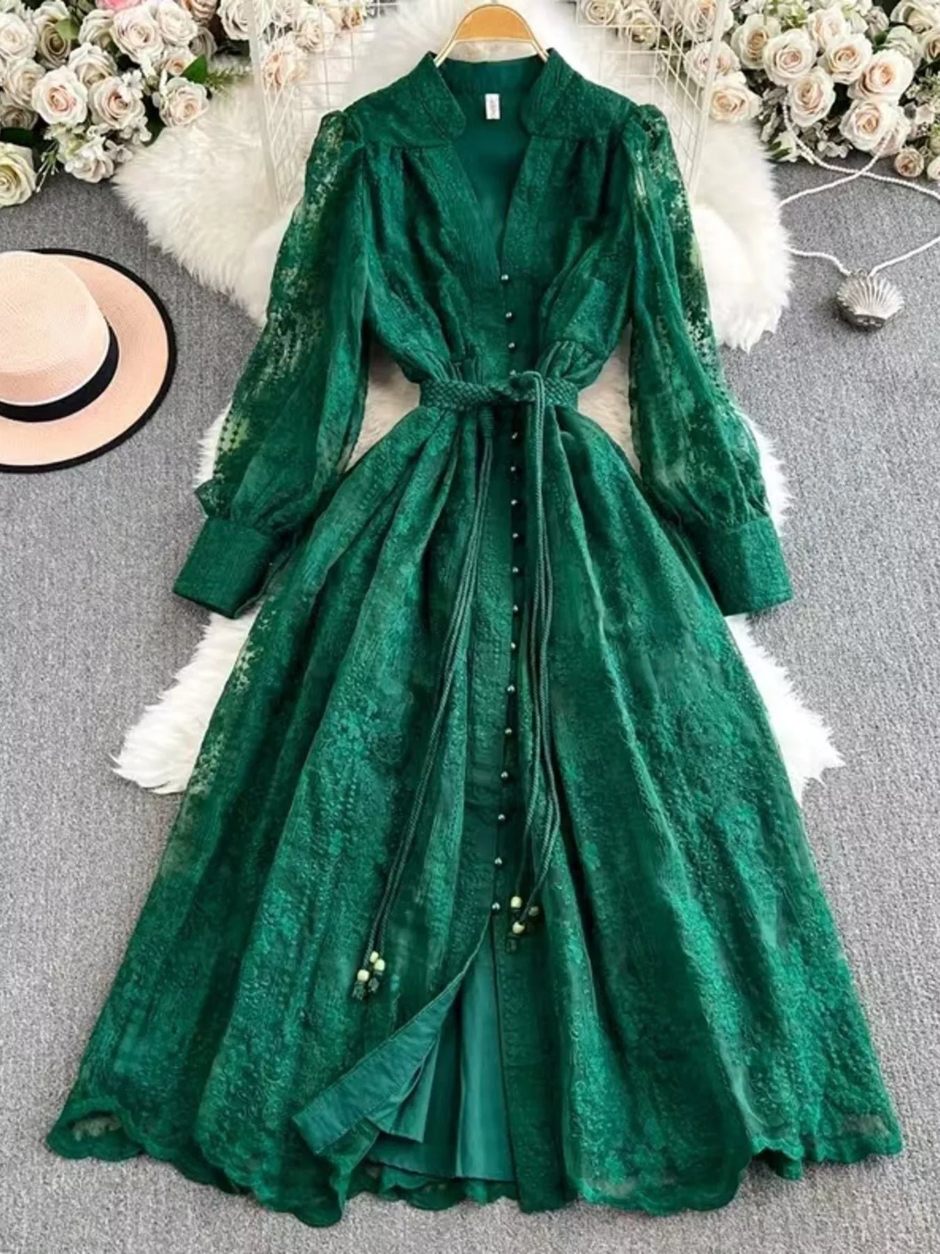 Lace Tie Waist Long Sleeve Dress fcc29f34918449d78544e3fd398a57ba-Max-Origin