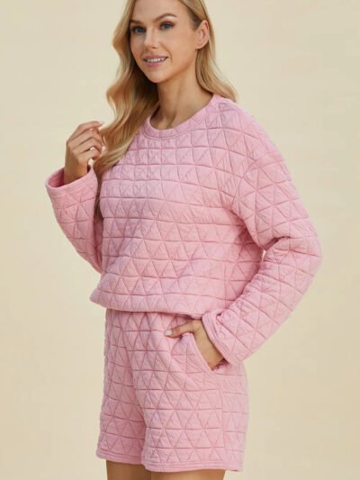 Double Take Full Size Texture Round Neck Long Sleeve Top and Shorts Set ffedd2d3-aa0a-4751-92da-13a02d16b298-Max