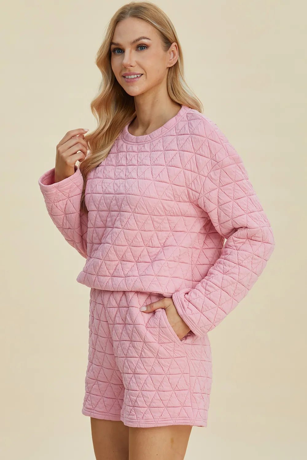 Double Take Full Size Texture Round Neck Long Sleeve Top and Shorts Set ffedd2d3-aa0a-4751-92da-13a02d16b298-Max